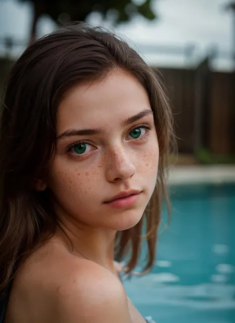 closeup photo of girl, chiaroscuro portraits, soft and dreamy, beautiful, grim realism, supernatural realism, mc-sara, green eyes, brown hair, freckles, <lora:MC-SR-10:0.5>