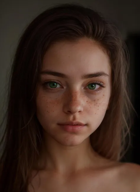 closeup photo of girl, chiaroscuro portraits, soft and dreamy, beautiful, grim realism, supernatural realism, mc-sara, green eyes, brown hair, freckles, <lora:MC-SR-10:0.5>