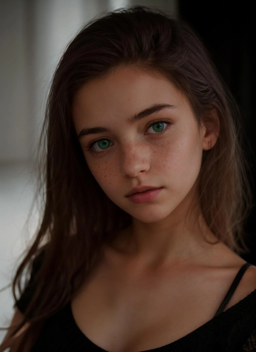 closeup photo of girl, chiaroscuro portraits, soft and dreamy, beautiful, grim realism, supernatural realism, mc-sara, green eyes, brown hair, <lora:MC-SR-10:0.5>