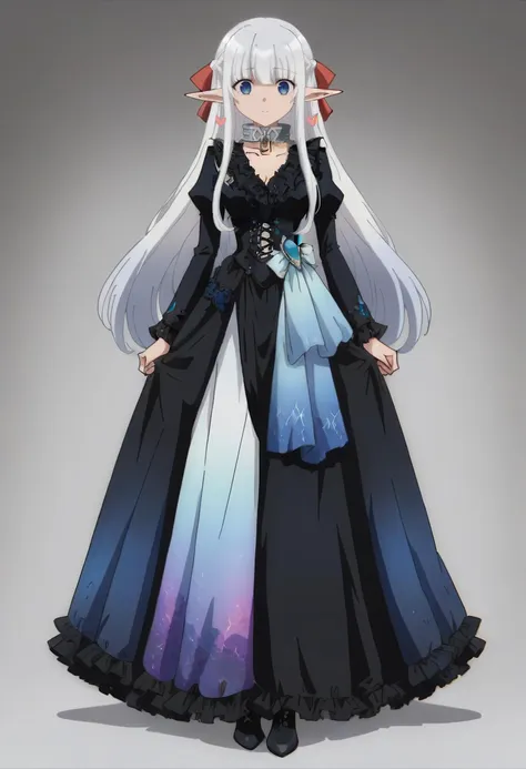 <lora:Nephy:0.9> nephy, long_hair, pointy_ears, 1girl, white_hair, elf, blue_eyes, solo, bangs, braid, ,ribbon, collar ,    ,  <lora:0p4ldr3ssXLP:0.5> 0p4ldr3ss, black dress, opal, full body, score_9, score_8_up, score_7_up, , anime coloring ,BREAK source_anime, anime