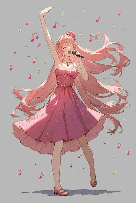 best quality, masterpiece, score_9, score_8_up, score_7_up, source_anime, rating_safe,
1girl, solo, long hair, pink hair, bangs, hair ornament,  adult, idol, idol dress, pink dress, skirt, singing, microphone,
no background, white background, photoshoot,