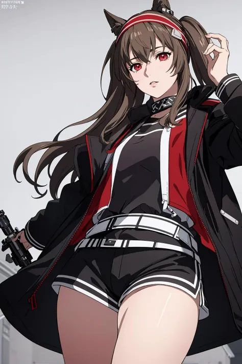 ((Masterpiece, best quality,edgQuality)), 
angdef, two-tone jacket, black shirt, belt, headband, open jacket, black shorts
 <lora:arknightsangmulti:1>