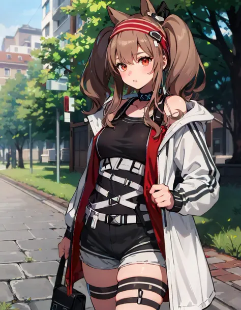 1girl, solo, cowboy shot, park, tree, grass, (cobblestone:1.3), angdef, two-tone jacket, black shirt, belt, headband, open jacket, black shorts <lora:arknightsangmulti:1>