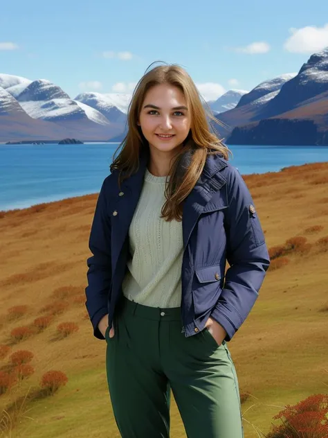 a full body protrait of [[woman ]] izabel-r1 standing in front of scotland beautiful wearing a ( pants jacket) summer  [smile]