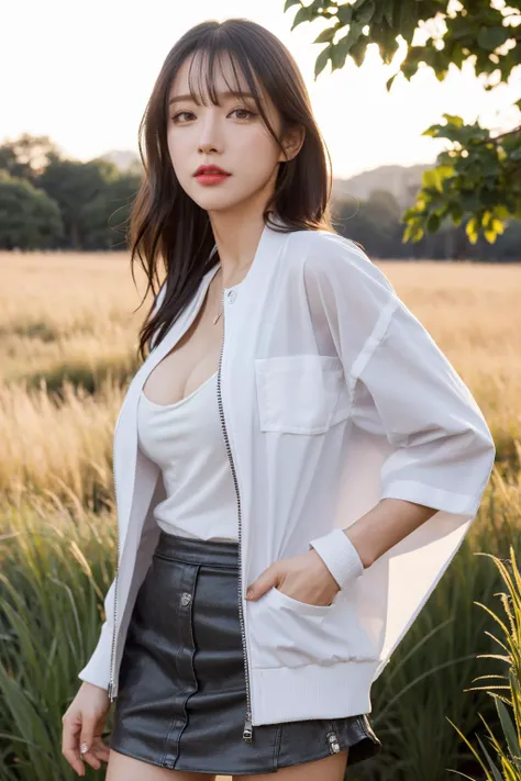 best quality, 8K, HDR, highres, absurdres:1.2, blurry background, bokeh:1.3, Photography, (RAW photo:1.2), (photorealistic:1.4), (masterpiece:1.3), (best quality:1.3), (ultra highres:1.2), (((cinematic light, pin light))), (depth of field), sharp focus:1.4, (camera from distance), featured on pixiv, magical realism, movie still, pixiv, ((cowboy shot:1.3)),
((((1girl, solo)))), (skinny), delicate, ((small head:1.2, gigantic breasts:0.6, cleavage:1.4)), (thin thighs), ((narrow waist, wide hips:1.1, large pelvis:1.1)), posh, stylish, beautiful skin, shiny skin:1.2, solid circle eyes, detailed beautiful face, beautiful detailed, (detailed eyes), (detailed facial features), petite, beautiful and clear eyes, detail eye pupil, lipgloss, (((t-shirt cover-up jacket and miniskirt))), brown hair, long wave hair, (outdoors, looking at viewer, tree, hand in pocket, blurry, a woman standing in a field of tall grass),
pureerosface_v1:0.3, ulzzang-6500-v1.1:0.3, <lyco:koreanDollLikeness:0.3> <lyco:MFM_V7:0.7>