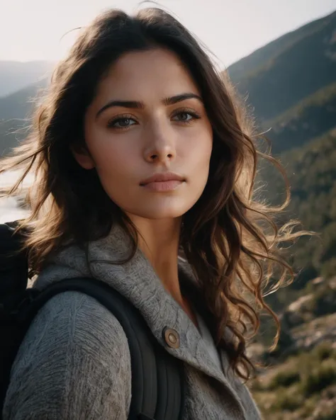 portrait, close up, adult woman, masterpiece, best quality, ultra-detailed, solo, outdoors, (evening), mountains, nature, (summer, cloudy, windy), walking, backpack, sweater, hiking suit, forest, rocks, river, wood, smoke, shadows, contrast, clear sky, analog style (look at viewer:1.2) (skin texture), <sarahshahi,  <lora:SarahShahiXL:1.0>, ((sharp face, detailed face, realistic face, naturtal skin, realistic skin, detailed skin, pores, sharp eyes, detailed eyes,realistic eyes)),, (masterpiece, best quality, ultra-detailed, best shadow), high contrast, (best illumination), ((cinematic light)), colorful, hyper detail, dramatic light, intricate details, (1 girl, solo) , ultra detailed artistic photography, dreamy, backlit, shadows, ultra high definition, 8k, ultra sharp focus, ultra high quality model, soft lighting, film photography, analogue photography, hyperrealism,
