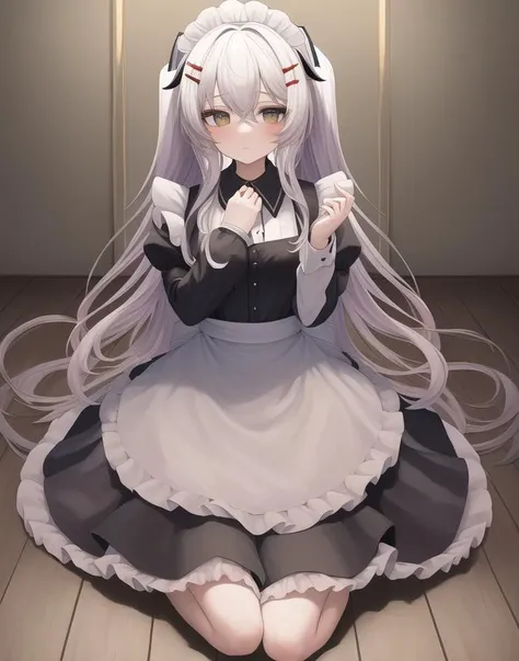 : masterpiece, best quality, (henya), (forest), full body, sad, hands up, <lora:henya-10:0.5>, (maid uniform)