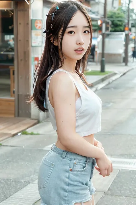(skin blemish:1.2), (skindentation), black eye, 1woman, 25yo, (((woman))), solo, realistic, best quality, photorealistic, masterpiece, 8k, high res, solo, extremely detailed face, (professional lighting, bokeh), (light particles, lens flare, glowing particles:0.6), (dynamic pose:1.2), soft lighting, top angle view, fashionable and trendy atmosphere, Japan, Hokkaido, street, city, park, shop, river, ((daytime)), sky, ((looking at the viewer:1)), (looking at the camera),(portrait:0.6), cowboy shot, gorgeous, walking, hands down, keep original facial proportion, wide shoulder, full body, (medium breast), (medium hair), brown hair, floating hair, lips, lipstick, seductive smile, floating hair, smile, open_mouth, teeth, T-shirt, shorts, jeans, eyelashes, mole, (mole under eye:1),    <lora:MaggieFaigor:0.8>