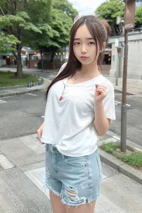 (skin blemish:1.2), (skindentation), black eye, 1woman, 25yo, (((woman))), solo, realistic, best quality, photorealistic, masterpiece, 8k, high res, solo, extremely detailed face, (professional lighting, bokeh), (light particles, lens flare, glowing particles:0.6), (dynamic pose:1.2), soft lighting, top angle view, fashionable and trendy atmosphere, Japan, Hokkaido, street, city, park, shop, river, ((daytime)), sky, ((looking at the viewer:1)), (looking at the camera),(portrait:0.6), cowboy shot, gorgeous, walking, hands down, keep original facial proportion, wide shoulder, full body, (medium breast), (medium hair), brown hair, floating hair, lips, lipstick, seductive smile, floating hair, smile, open_mouth, teeth, T-shirt, shorts, jeans, eyelashes, mole, (mole under eye:1), <lora:MaggieFaigor:0.8>