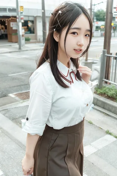 (skin blemish:1.2), (skindentation), black eye, 1woman, 25yo, (((woman))), solo, realistic, best quality, photorealistic, masterpiece, 8k, high res, solo, extremely detailed face, (professional lighting, bokeh), (light particles, lens flare, glowing particles:0.6), (dynamic pose:1.2), soft lighting, top angle view, fashionable and trendy atmosphere, Japan, Hokkaido, street, city, park, shop, river, ((daytime)), sky, ((looking at the viewer:1)), (looking at the camera),(portrait:0.6), cowboy shot, gorgeous, walking, hands down, keep original facial proportion, wide shoulder, full body, (medium breast), (medium hair), brown hair, floating hair, lips, lipstick, seductive smile, floating hair, smile, open_mouth, teeth, office suit, uniform, long skirt, eyelashes, mole, (mole under eye:1), <lora:MaggieFaigor:0.8>