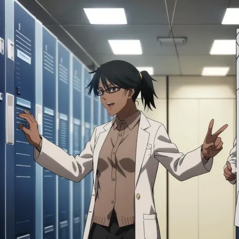 high quality,solo,
<lora:Rabbitfoot001:0.7>,looking at side,open mouth,smile,open hand,
Rabbitfoot,1woman,
ponytail,dark skin,
glasses,opaque glasses,
labcoat,shirt,
skirt,
quantum computers,server room,supercomputer,