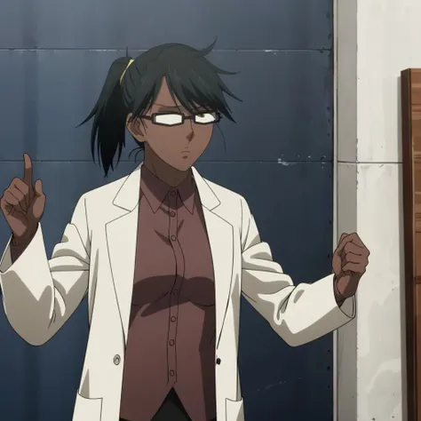 high quality,solo,
<lora:Rabbitfoot001:0.7>,
Rabbitfoot,1woman,
ponytail,dark skin,
(opaque glasses:1.2),
labcoat,shirt,
skirt,