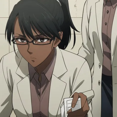 high quality,solo,
<lora:Rabbitfoot001:0.7>,
Rabbitfoot,1woman,
ponytail,dark skin,
glasses,
labcoat,shirt,
skirt,
close-up,