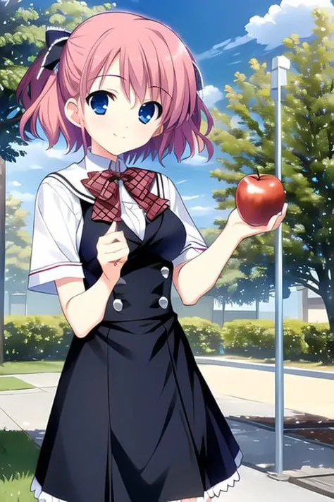 komine sachi, 1girl, masterpiece, best quality, pink hair, smiling, holding apple, school uniform, <lora:Komine_Sachi:0.65>