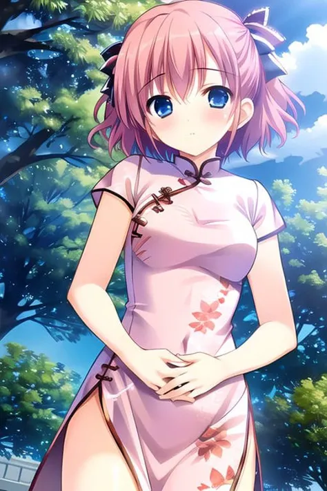 komine sachi, 1girl, masterpiece, best quality, pink hair, hair bell, (china dress:1.3), ((blush)), <lora:Komine_Sachi:0.7>