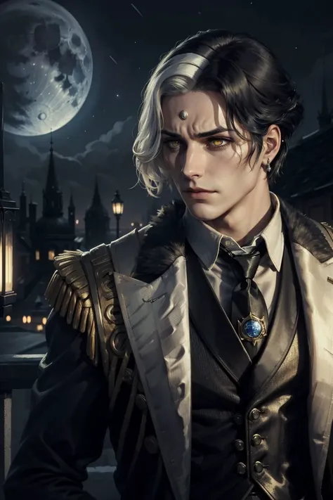 (masterpiece:1.2), (best quality,:1.2), closeup shot, 1man, solo, emet selch, white streaked hair, black hair, emotionless, yellow eyes,
<lora:emetSelchFFXIVFF14_whiteStreakedHair:0.8>, black suit, blue necktie, black pants,
roof top, night time, under the moon,