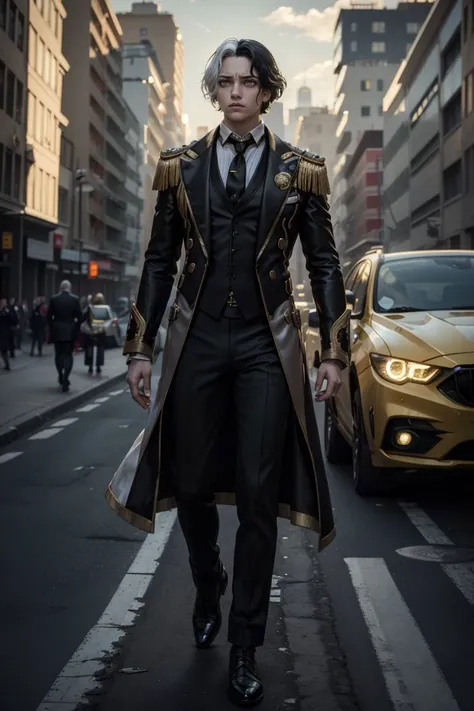 (masterpiece:1.2), (best quality,:1.2), 1man, solo, emet selch, white streaked hair, black hair, emotionless, yellow eyes,
<lora:emetSelchFFXIVFF14_whiteStreakedHair:0.8>, black suit, blue necktie, black pants,
standing on the street,