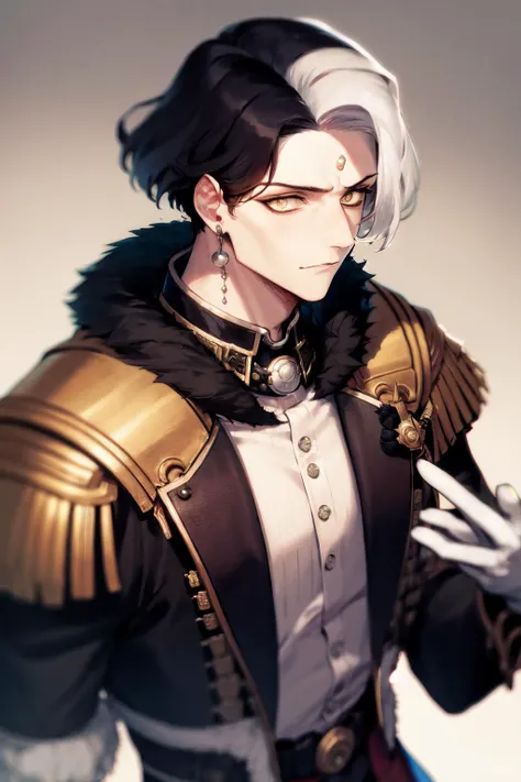 masterpiece, best quality, highres, 1boy, solo, emet selch, white streaked hair, black hair <lora:emet_selch3-000001:1>
