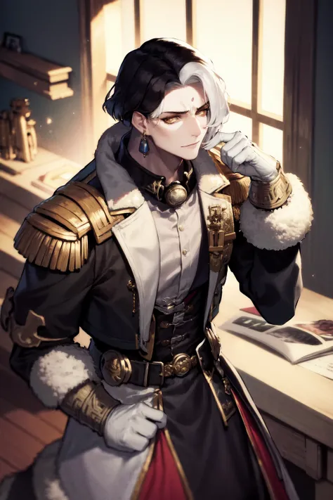 masterpiece, best quality, highres, 1boy, solo, emet selch, white streaked hair, black hair <lora:emet_selch3-000001:1>