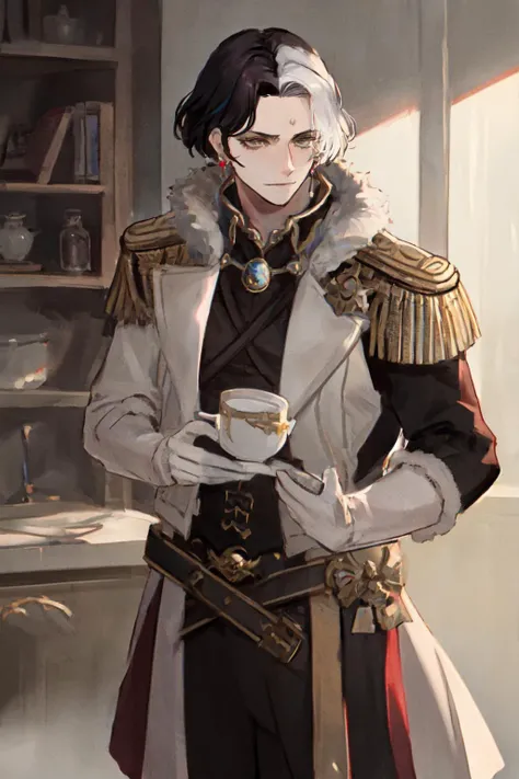 masterpiece, best quality, highres, 1boy, solo, emet selch, white streaked hair, black hair <lora:emet_selch3-000001:1>
