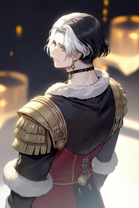 masterpiece, best quality, highres, 1boy, solo, emet selch, white streaked hair, black hair <lora:emet_selch3-000001:1> from behind