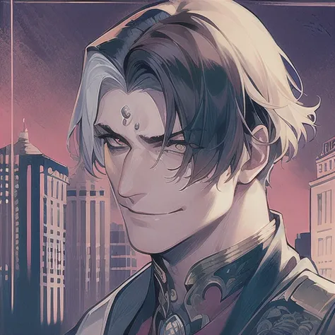 male, ff14, <lora:emetSelchFFXIVFF14_whiteStreakedHair:0.9> masterpiece, best quality, highres, 1boy, solo, emet selch, white streaked hair, black hair, best quality, highres, 1boy, solo, emet selch, man, 1man, smirk, background of night blurry city, 4k, 8k, high resolution, highres <hypernet:Ming:0.2> <hypernet:CTK:0.5>, (solo:1.5), (masterpiece:1.5), (best quality:1.5) ,(bust:1.3) , Amazing, beautiful detailed, extremely detailed wallpaper, extremely detailed CG unity 8k wallpaper,extremely delicate and beautiful eyes,1boy,male,focus on face,raise right eyebrow,looking at viewer,suit