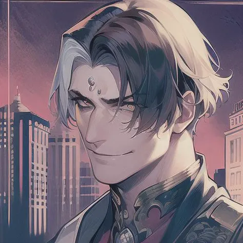 male, ff14, <lora:emetSelchFFXIVFF14_whiteStreakedHair:0.9> masterpiece, best quality, highres, 1boy, solo, emet selch, white streaked hair, black hair, best quality, highres, 1boy, solo, emet selch, man, 1man, smirk, background of night blurry city, 4k, 8k, high resolution, highres <hypernet:Ming:0.2> <hypernet:CTK:0.5>, (solo:1.5), (masterpiece:1.5), (best quality:1.5) ,(bust:1.3) , Amazing, beautiful detailed, extremely detailed wallpaper, extremely detailed CG unity 8k wallpaper,extremely delicate and beautiful eyes,1boy,male,focus on face,raise right eyebrow,looking at viewer,suit