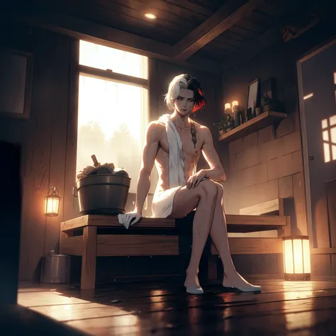 1 emet selch (completely naked:1.3) hunk, looking at you, raised eyebrow, arm crossed, wearing a towel, legs spread, sitting on indoor sauna bench, wet hair, hyperrealistic, unreal engine, multicolored hair, <lora:emet_selch3-000001:1>