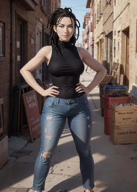 <lora:epi_noiseoffset2, dark studio, rim lighting, two tone lighting:0.3> (full body shot, rim lighting),
<lora:ic:0.6> IC, solo, dreadlocks, ponytail, black hair, female focus, Eyebrow raise with a smirk, looking at viewer, standing, plump, curvy, hands on hips,
turtleneck, sleeveless, jeans,
<lora:ReaLora:0.45>
<lora:epiCRealismHelper:0.4>
<lora:detail_slider_v4:0.5>
street, buildings,