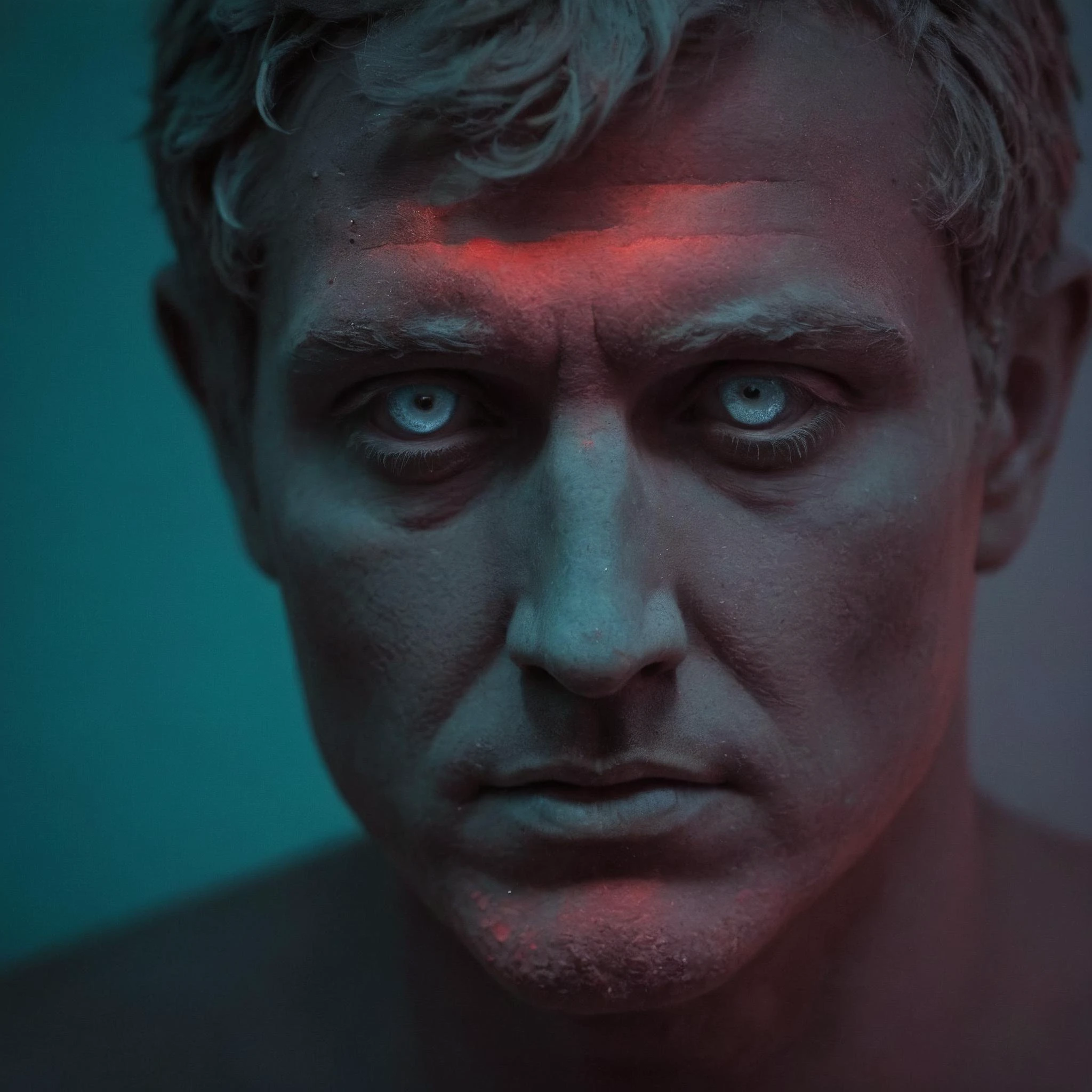 shot of a roman sculpture, solo, (damaged concrete:1.2), greek god sculpture, face in shadow, occluded eyes, (Ultraviolet lighting Style:1.4), glow, red and cyan light, (backlit photography:1.4), <lora:Ultraviolet lighting Style:1.8>, looking at viewer, shallow depth of field