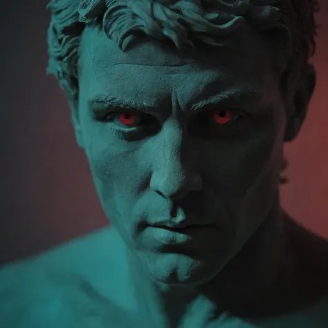 shot of a roman sculpture, solo, (damaged concrete:1.2), greek god sculpture, face in shadow, occluded eyes, (Ultraviolet lighting Style:1.4), glow, red and cyan light, (backlit photography:1.4), <lora:Ultraviolet lighting Style:1.8>, looking at viewer, shallow depth of field