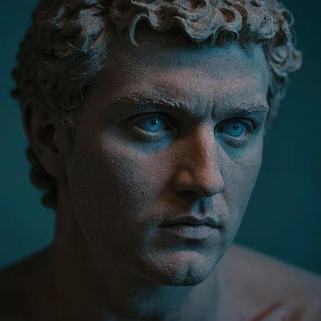 shot of a roman sculpture, solo, (damaged concrete:1.2), greek god sculpture, face in shadow, occluded eyes, (Ultraviolet lighting Style:1.4), glow, red and cyan light, (backlit photography:1.4), <lora:Ultraviolet lighting Style:1.8>, looking at viewer, shallow depth of field