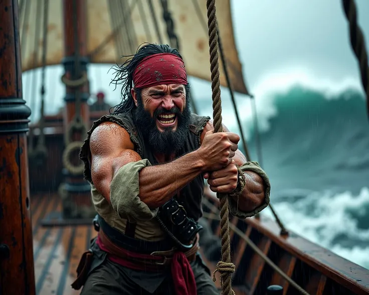 A wooden pirate ship rolls heavily on a dark stormy sea, the wind howls and torrential rain lashes everything aboard. In the background cresting ocean waves climb high above the ship and smash into its side, the deck is sodden, tattered sails flap around in the stormy wind. Onboard the ship a grizzled sailor dressed in rags and a dirty red bandana grips the rigging ropes with his hands and heaves on them with all his might, his life depends on it. His face grimaces in in pain as he heaves, his strong arms and bulging muscles struggle with the effort. His eyes are bright and determination can be seen, though he is drenched in water and wind beaten, the rain saturates his blemished skin and hair. A dramatic and cataclysmic scene of high quality, close view with high detail.