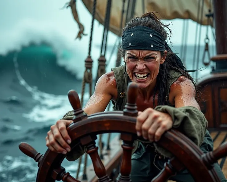 A wooden pirate ship rolls heavily on a dark stormy sea, the wind howls and torrential rain lashes everything aboard. In the background cresting ocean waves climb high above the ship and smash into its side, the deck is sodden, tattered sails flap around in the stormy wind. Onboard the ship a tough female sailor dressed in rags and a dirty black bandana grips the ships wheel with her hands and heaves on it with all her might, her life depends on it. Her face grimaces in in pain as she heaves, her strong arms struggle with the effort. Her eyes are bright and determination can be seen, though she is drenched in water and wind beaten, the rain saturates her blemished skin and hair. A dramatic and cataclysmic scene of high quality, close view with high detail.