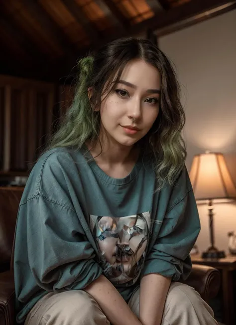 RAW Photo, professional color graded, BREAK portrait photograph of girl BigT1ttyG0thEgg, black eyes, smile, green hair, (makeup, eyeliner), wearing oversize shirt, sitting in gaming chair, firefly, hiking, sharp focus, HDR, 8K resolution, intricate detail, sophisticated detail, photorealistic, looking at viewer, <lora:detailed_eye:0.8>, <lora:BigT1ttyG0thEgg:0.75>, <lora:quickfix:1>
