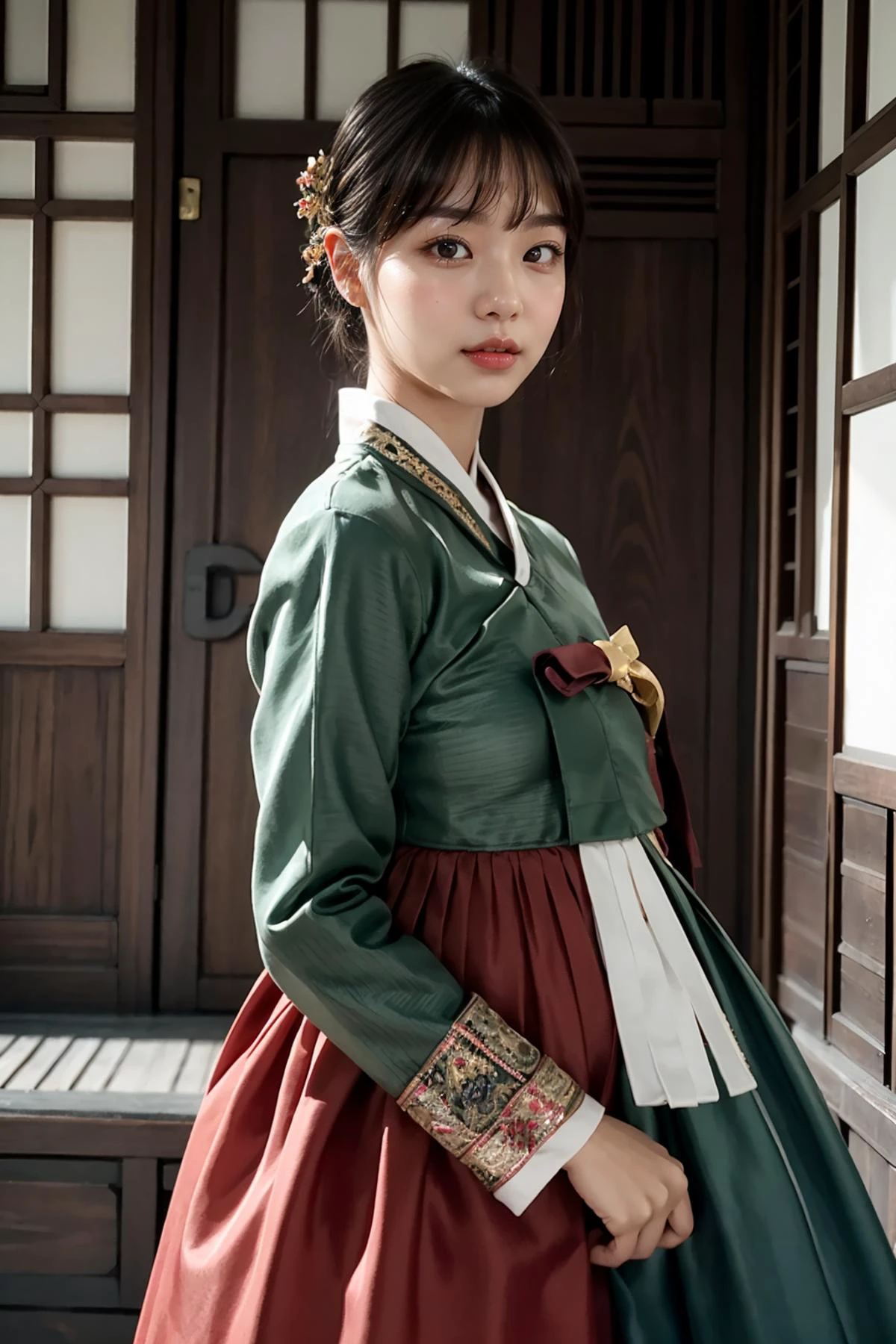 **Theme:** Extreme Sexiness in Traditional Attire (Korean Hanbok)
**Pose & Expression:**
* Ling, a beautiful Chinese woman with a playful pixie cut and vibrant highlights, stands confidently in front of a traditional Korean Hanok house.
* She wears a stunning Hanbok dress, emphasizing her curves and exuding extreme sexiness.
* Her pose should be a captivating blend of sensuality and cultural respect, perhaps with a hand gently resting on the Hanok's intricate woodwork.
* Maintain a playful and confident expression on her face.
**Color Palette:**
* Earthy tones with subtle accents, highlighting the traditional elements of the Hanok backdrop. Consider incorporating colors that complement the Hanbok's fabric.
**Background:**
* Set the scene in front of a picturesque Korean Hanok house, capturing its cultural richness. Include architectural details like ornately carved wooden beams, traditional roof tiles, and a serene garden with blooming flowers.
**Wardrobe:**
* Ling is adorned in a luxurious Hanbok dress with intricate embroidery and flowing sleeves. The dress should be form-fitting to emphasize her figure while maintaining a touch of elegance.
**Body Measurements:**
* Include the same body measurements provided for Ling in the previous prompt.
**Hair & Makeup:**
* Maintain Ling's playful pixie cut with vibrant highlights. Enhance her makeup for extreme sexiness while complementing the Hanok backdrop. Consider incorporating subtle touches that reference Korean beauty trends.
**Photo Style:**
* Capture the image in a realistic portrait style, focusing on Ling's features, attire, and the cultural ambiance of the Hanok house.
**Profile Information:**
* Include Ling's name, height, nationality (China), and any additional details that enhance her connection to the theme (e.g., "appreciating Korean culture").
**Additional Specifications:**
* Ray Tracing: 1.3
* Depth of Field: 1.7
* Cinematic Contrast: 1.3
* Cinematic Photo: 1.5
* Cinematic Lighting
* Textured Skin
* 8k Resolution
* Hyper-realistic Film-Grained Photo
**Note:**
* While the prompt focuses on a Korean Hanbok instead of a Qipao, the core elements of extreme sexiness, cultural elegance, and a unique setting remain the same.
<lora:last1234:1>