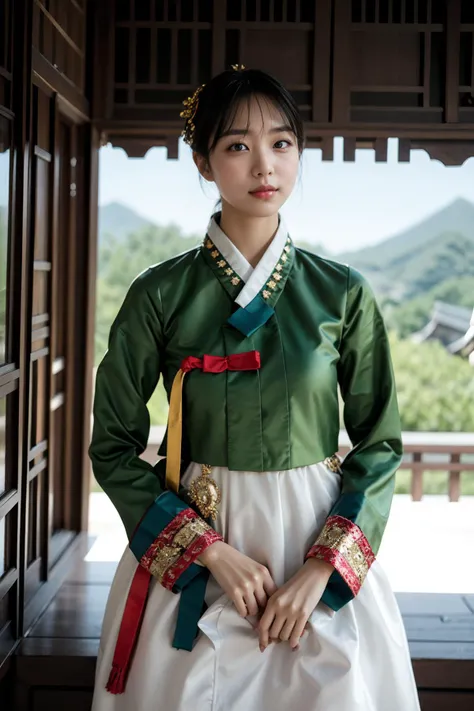 **Theme:** Extreme Sexiness in Traditional Attire (Korean Hanbok)
**Pose & Expression:**
* Ling, a beautiful Chinese woman with a playful pixie cut and vibrant highlights, stands confidently in front of a traditional Korean Hanok house.
* She wears a stunning Hanbok dress, emphasizing her curves and exuding extreme sexiness. 
* Her pose should be a captivating blend of sensuality and cultural respect, perhaps with a hand gently resting on the Hanok's intricate woodwork. 
* Maintain a playful and confident expression on her face.
**Color Palette:**
* Earthy tones with subtle accents, highlighting the traditional elements of the Hanok backdrop. Consider incorporating colors that complement the Hanbok's fabric.
**Background:**
* Set the scene in front of a picturesque Korean Hanok house, capturing its cultural richness. Include architectural details like ornately carved wooden beams, traditional roof tiles, and a serene garden with blooming flowers.
**Wardrobe:**
* Ling is adorned in a luxurious Hanbok dress with intricate embroidery and flowing sleeves. The dress should be form-fitting to emphasize her figure while maintaining a touch of elegance. 
**Body Measurements:**
* Include the same body measurements provided for Ling in the previous prompt.
**Hair & Makeup:**
* Maintain Ling's playful pixie cut with vibrant highlights. Enhance her makeup for extreme sexiness while complementing the Hanok backdrop. Consider incorporating subtle touches that reference Korean beauty trends.
**Photo Style:**
* Capture the image in a realistic portrait style, focusing on Ling's features, attire, and the cultural ambiance of the Hanok house.
**Profile Information:**
* Include Ling's name, height, nationality (China), and any additional details that enhance her connection to the theme (e.g., "appreciating Korean culture").
**Additional Specifications:**
* Ray Tracing: 1.3
* Depth of Field: 1.7
* Cinematic Contrast: 1.3
* Cinematic Photo: 1.5
* Cinematic Lighting
* Textured Skin
* 8k Resolution
* Hyper-realistic Film-Grained Photo
**Note:**
* While the prompt focuses on a Korean Hanbok instead of a Qipao, the core elements of extreme sexiness, cultural elegance, and a unique setting remain the same.
 <lora:last1234:1>