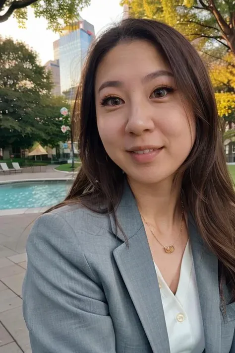 fuslie, raw photograph, portrait, woman wearing a business casual attire, out doors, city park, upper body, dynamic lighting, <lora:fuslie_v8_0414_sd1.5_andyxn:0.40>, close up