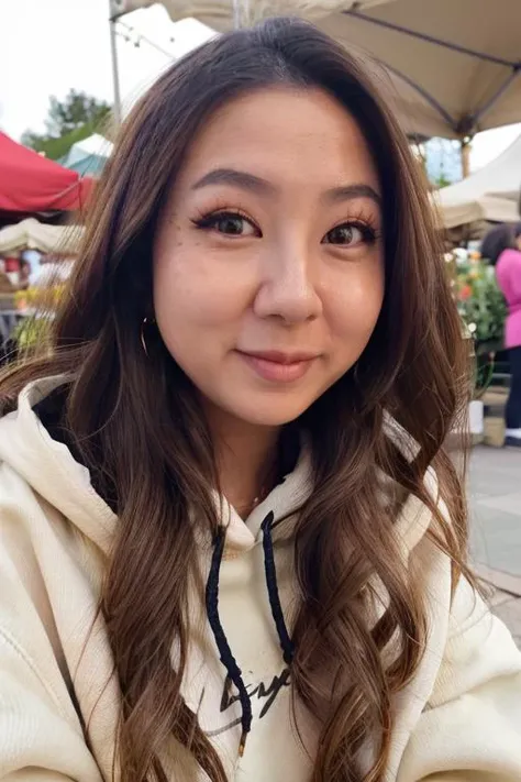 fuslie, raw photograph, portrait, woman wearing a trendy hoodie, farmers market, Bokeh, upper body, <lora:fuslie_v8_0414_sd1.5_andyxn:0.50> , close up, three-quarter view