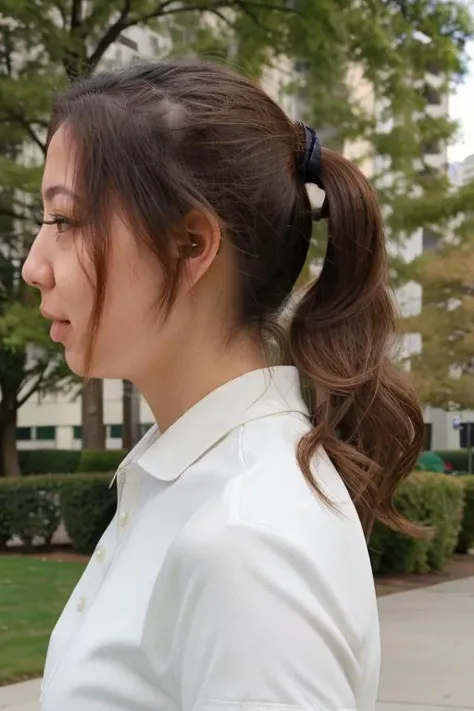 fuslie, raw photograph, portrait, woman wearing a business casual attire, out doors, city park, upper body, dynamic lighting, <lora:fuslie_v8_0414_sd1.5_andyxn:0.40>, close up, ponytail