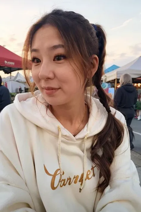 fuslie, raw photograph, portrait, woman wearing a trendy hoodie, farmers market, upper body, dynamic lighting, <lora:fuslie_v8_0414_sd1.5_andyxn:0.40>, close up, ponytail