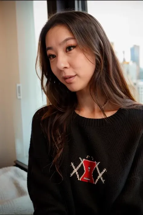 fuslie, raw photograph, portrait, woman wearing a black sweater, penthouse, window, cityscape, upper body, <lora:fuslie_v8_0414_sd1.5_andyxn:0.50>, close up, three-quarter view
