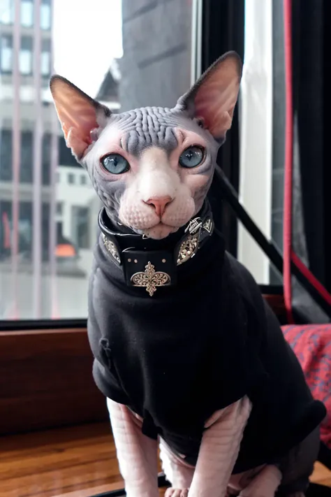 <lora:ironcatlora5Sphynx_v10:0.7> sphynx cat wearing a black sweater with a collar, blue eyes, black and white skin, indoors with a window in the background,(intricate details), hdr, (intricate details, hyperdetailed:1.2)