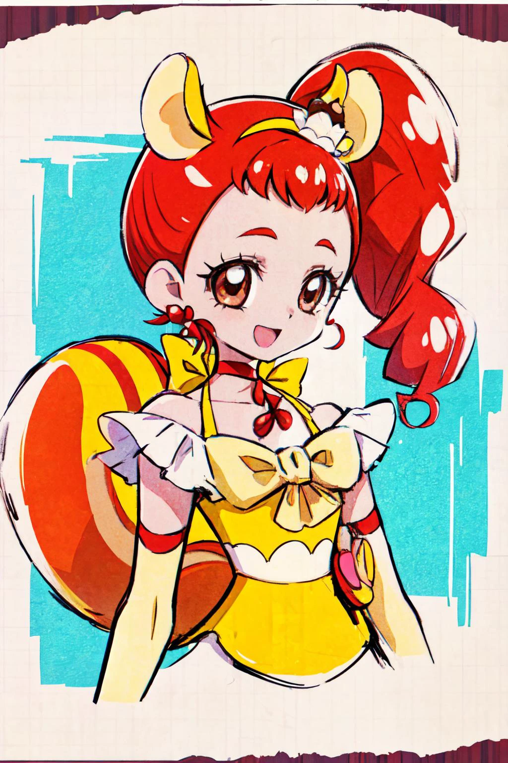 masterpiece,best quality,1girl,cure custard,high ponytail,side ponytail,hair ornament,forehead,squirrel tail,hairband,squirrel ears,white elbow gloves,choker,earrings,smile,open mouth,upper body,<lora:locon_cure_custard_01:0.9>,<lora:KamikitaV2:0.8>,