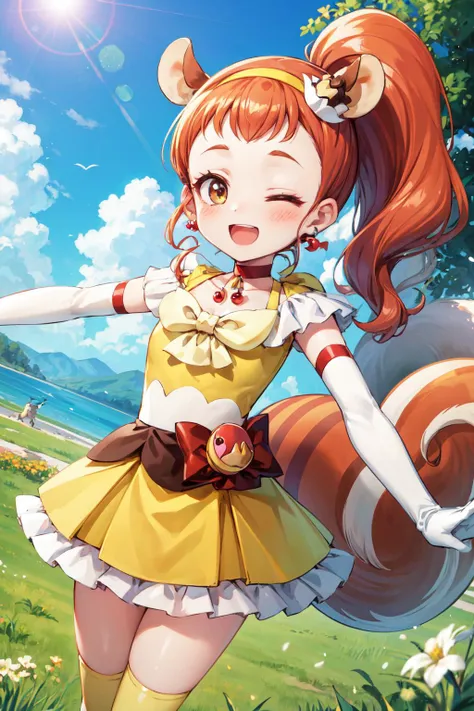 masterpiece,best quality,1girl,cure custard,high ponytail,side ponytail,hair ornament,forehead,squirrel tail,hairband,squirrel ears,white elbow gloves,kneehighs,choker,earrings,smile,one eye closed,open mouth,spread arms,outdoors,blue sky,grass,plain,lake,cloud,dutch angle,cowboy shot,<lora:locon_cure_custard_01:0.9>,<lora:Concept-control tool-add_detail-CyberAIchemist:0.7>,