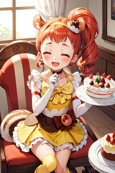 masterpiece,best quality,1girl,cure custard,high ponytail,side ponytail,hair ornament,forehead,squirrel tail,hairband,squirrel ears,(white elbow gloves),kneehighs,choker,earrings,sitting on chair,smile,open mouth,closed eyes,table,cake,<lora:locon_cure_custard_01:0.9>,<lora:Concept-control tool-add_detail-CyberAIchemist:0.3>,