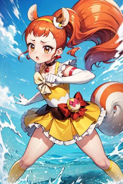 masterpiece,best quality,1girl,cure custard,high ponytail,side ponytail,hair ornament,forehead,squirrel tail,hairband,squirrel ears,white elbow gloves,kneehighs,choker,earrings,serious,:o,fighting stance,action pose,attack,custard splashing,motion lines,motion blur,<lora:locon_cure_custard_01:0.9>,<lora:Concept-control tool-add_detail-CyberAIchemist:0.3>,