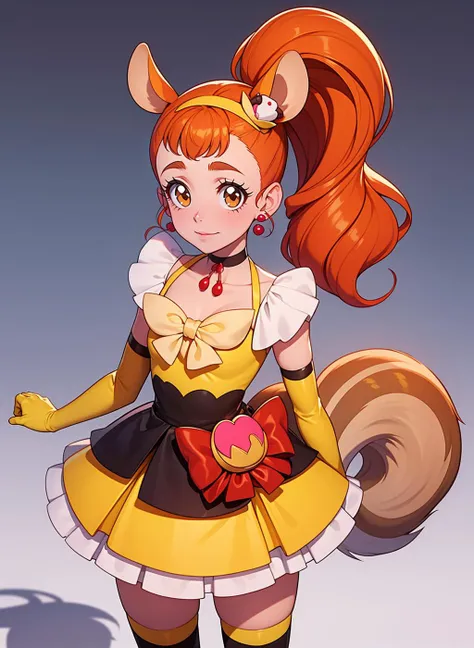 1girl, solo, adult mature woman, age 30, standing,high quality, best quality, high detail, highres, 4k 8k, shadows, <lora:Char_precure-CureCustard:0.85> cure custard, high ponytail, hair ornament, squirrel tail, hairband, squirrel ears, elbow gloves, kneehighs, choker, earrings, simple background