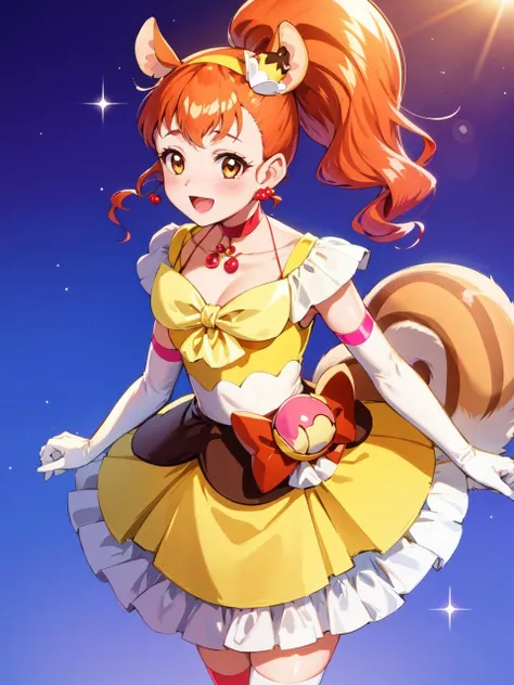 masterpiece, best quality, looking at viewer, depth of field, standing, open mouth, full body, 
1girl, <lora:locon_cure_custard_01:0.9>, cure custard, high ponytail, hair ornament, squirrel tail, hairband, squirrel ears, elbow gloves, kneehighs, choker, porch, earrings, 
smile, ((gradient background)), lens flare,