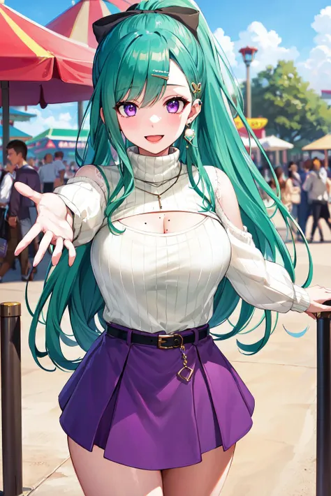 masterpiece, best quality, highres, yakumodd, long hair, ponytail, hair bow, triangle earrings, cleavage cutout, mole on breast, purple skirt, white sweater, turtleneck, belt, necklace, long sleeves, hairclip, <lora:yakumo_beni_v1:0.7>, reaching out, amusement park, standing, smile, open mouth,